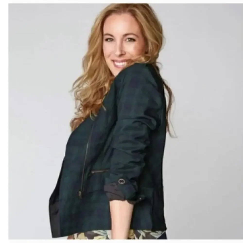 CAbi Tartan Green Plaid Asymmetrical Zip Moto Jacket, sz 4